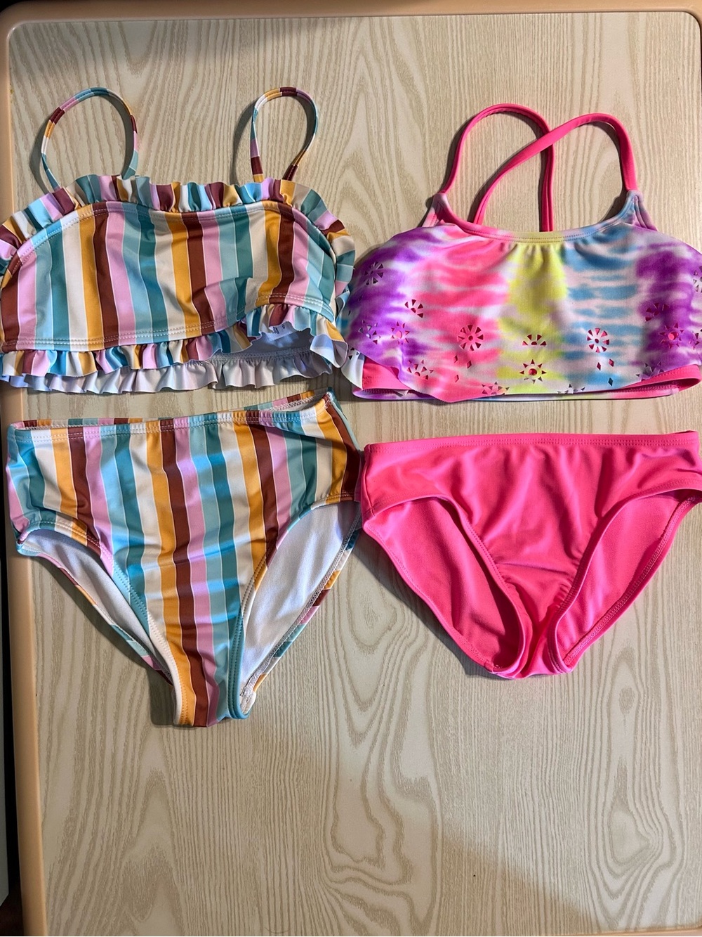 Girls Two-Piece Swim Sets - Multicolor Stripe + Pink Tie-Dye